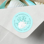 Sticker Rond Christmas Beach Sand Dollar Round Return Address<br><div class="desc">This coastal Christmas return address label features a sand dollar and starfish on glitter coral,  with a light aqua blue background.
*If you would like this design on more products or need design help,  please contact me through Zazzle Chat.</div>