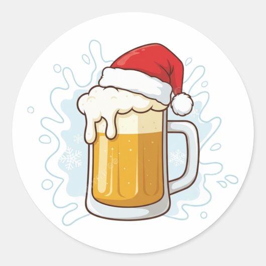 Sticker Rond Christmas Beer Mug with Santa Hat Funny Holiday (Devant)