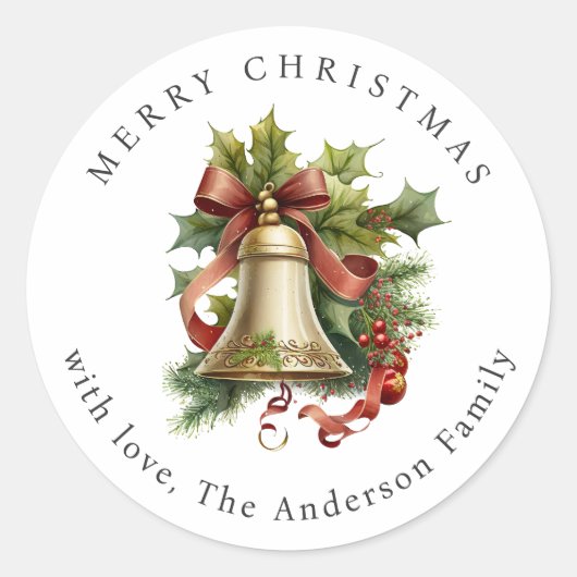 Sticker Rond Christmas Bell Holly Berries Ribbon Holiday (Devant)