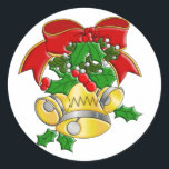 Sticker Rond Christmas Bells<br><div class="desc">Bague dans la joie de la saison avec ce magnifique design de Christmas Bells de Debi Payne Designs. Un ensemble de trois cloches d'or taillées en argent et surmontées de baies sèches et de feuilles attachés ensemble avec un beau ruban rouge taillé en or. Utilisez les cloches de Noël comme...</div>