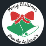 Sticker Rond Christmas Bells Joyeux Noël<br><div class="desc">Personnalisez cet autocollant de Noël accentué par les cloches de Noël et de Noël "Joyeux Noël".</div>