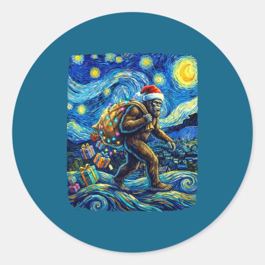 Sticker Rond Christmas Bigfoot Santa Hat Van Gogh Starry Night  (Devant)