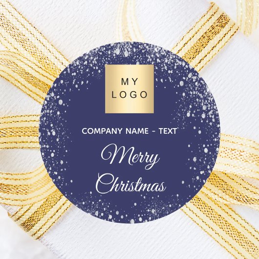 Sticker Rond Christmas blue silver glitter business logo