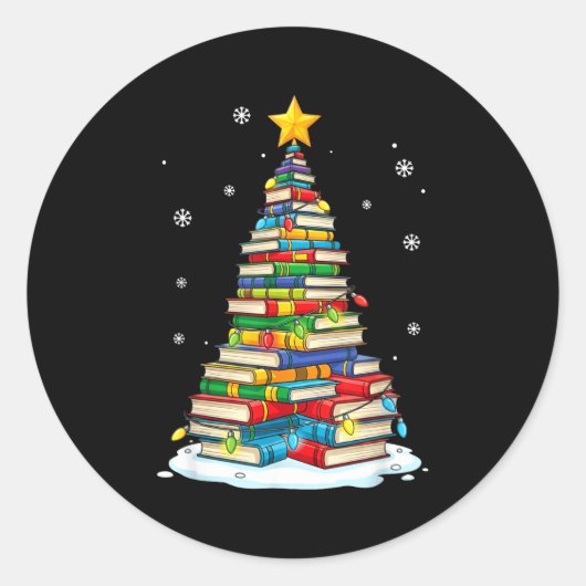 Sticker Rond Christmas Book Tree Funny Librarians Books Lover (Devant)