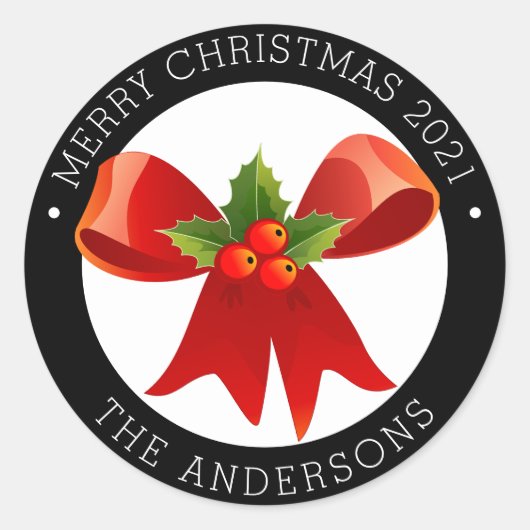 Sticker Rond Christmas Bow avec Holly Adresse de retour (Devant)