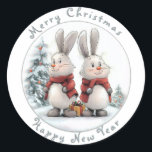 Sticker Rond Christmas Bunny and gift, personalized<br><div class="desc">Cute lapin,  Christmas Bunny and Snowflake,  watercolor,  personalized</div>