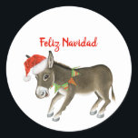 Sticker Rond Christmas Burro Feliz Navidad Personnalisable<br><div class="desc">Aquarelle illustration d'un âne / burro décoré pour les vacances à Père Noël casquette et collier avec personnalisable "Feliz Navidad" texte rouge en écriture moderne</div>