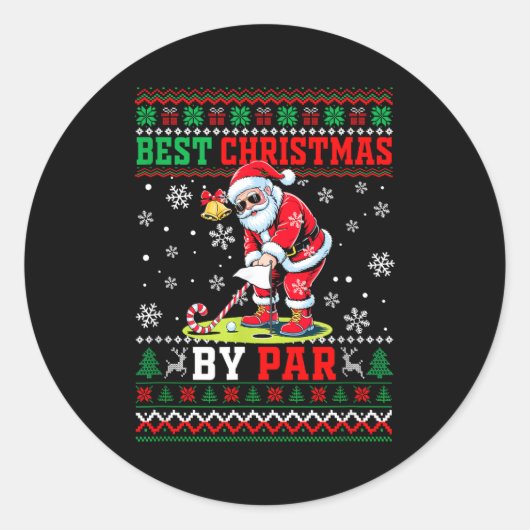 Sticker Rond Christmas By Par Santa Sweater Playing Golf Golfer (Devant)
