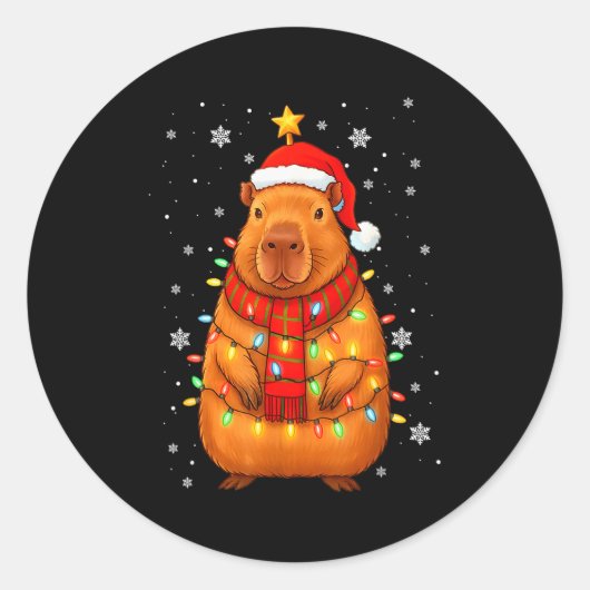 Sticker Rond Christmas Capybara With Santa Hat Xmas Lights Tree (Devant)