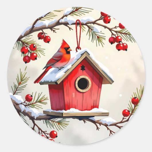 Sticker Rond Christmas Cardinal Birdhouse snowy pine branch (Devant)