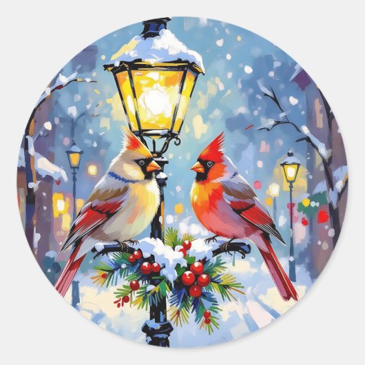 Sticker Rond Christmas Cardinals and Snowy Lamppost (Devant)