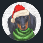 Sticker Rond Christmas Dachshund et Woof Art Amoureux des chien<br><div class="desc">Parfait pour l'emballage cadeau et le plaisir pour l'amoureux des chiens de la race Dachshund,  cet autocollant de Noël de chien drôle coordonne avec notre emballage de chien de vacances pour les amoureux de Dachshund.</div>
