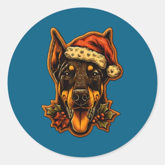 Sticker Rond Christmas Doberman Dog With Santa Hat Gingerbread  (Devant)