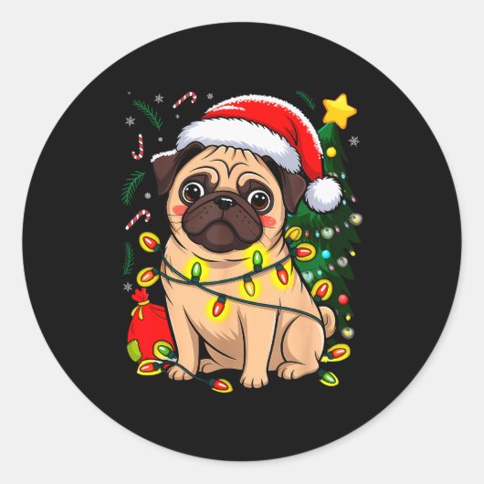 Sticker Rond Christmas Dog Santa Clause Pug Puppy X-mas (Devant)