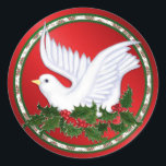 Sticker Rond Christmas Dove & Holly<br><div class="desc">Jolie colombe blanche de Noël sur le lit de Holly. La colombe est un symbole d'amour et de paix. Un design parfait pour cette période de vacances.</div>