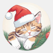 Sticker Rond Christmas Dreams - Sleeping Kitten in Santa Hat (Devant)
