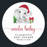 Sticker Rond Christmas Elephant Père Noël Baby Boy Douche<br><div class="desc">autocollant de la saison des Fêtes pour votre bébé garçon de douche faveurs et la correspondance avec "Père Noël Baby" dans un script rouge élégant avec des swashes et une jolie aquarelle d'un petit garçon éléphant avec un chapeau de Père Noël, un arbre de Noël, un sucre de canne rouge...</div>