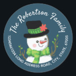 Sticker Rond Christmas Happy Snowman Adresse de retour Blue<br><div class="desc">Joyeux bonhomme de neige dans les nuances de vert portant un chapeau haut. Style vintage. Police de style en lettres à la main. Zones de texte réglables dans ce modèle facile à utiliser. Arrière - plan bleu. Oeuvre de Valarie Wade et est exclusive à ma boutique Valariedesigns sur Zazzle!</div>