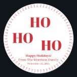 Sticker Rond Christmas Ho Ho Ho nom personnalisé sucre de canne<br><div class="desc">Christmas Ho Ho Ho Nom personnalisé sucre de canne charmant Stickers Classic Round. Joyeux Noël,  noms et date entourés d'une délicate couronne ronde de sucre de canne rouge et blanc mignon</div>