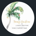 Sticker Rond Christmas Holiday Palm Tree Nom d'entreprise<br><div class="desc">Palm Tree Watercolor Professionnel Noël Vacances autocollants que vous pouvez facilement customiser en cliquant sur le bouton "Personnaliser". Ajoutez un message personnalisé au verso pour vos clients et le logo de l'entreprise ou supprimez le modèle d'espace réservé</div>