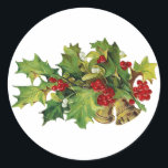 Sticker Rond Christmas Holly, MIsteltoe et cloches en laiton<br><div class="desc">Christmas Holly,  MIsteltoe et cloches en laiton</div>