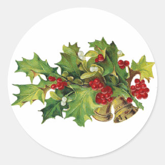 Sticker Rond Christmas Holly, MIsteltoe et cloches en laiton