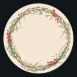 Sticker Rond Christmas Jam Canning Rustique fait maison ivoire<br><div class="desc">Un autocollant de bocal en conserverie fait maison de Noël rustique et moderne avec une belle couronne de Noël avec verdure et baies sur un arrière - plan en ivoire. Ajoutez simplement votre nom et le nom du produit au étiquette. Conçu exclusivement pour vous par Happy Dolphin Studio. Si vous...</div>