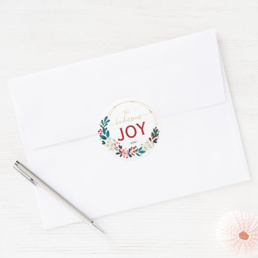 Sticker Rond Christmas Joy Wreath Name Handwritten Script (Enveloppe)