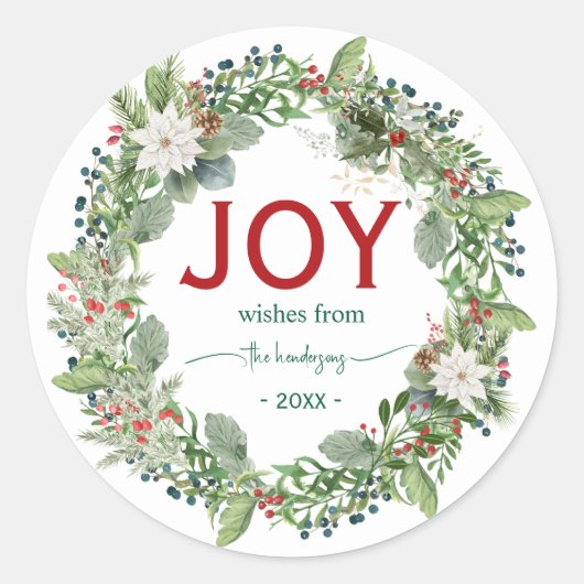 Sticker Rond Christmas Joy Wreath Name Handwritten Script Red (Devant)
