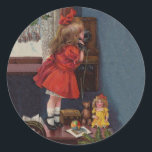 Sticker Rond Christmas Little Girl Téléphone Antique<br><div class="desc">Cette belle image provient d'une ancienne carte de Noël,  montrant une petite fille qui fait son appel téléphonique de Noël. Vintage et ancien.</div>