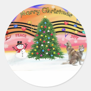 Sticker Rond Christmas Music 2 - Sibérien Husky (deux rouges)
