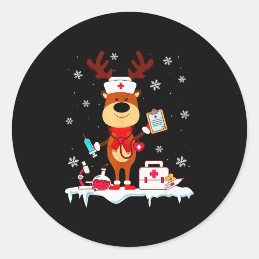 Sticker Rond Christmas Nurse Reindeer Funny Xmas Scrub Top Nurs (Devant)