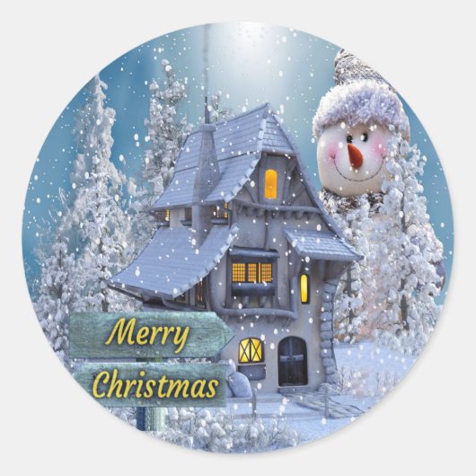 Sticker Rond Christmas Party Winter White Snowman Blue Rustic (Devant)