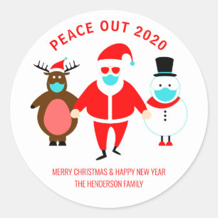 Sticker Rond Christmas Peace Out 2020 Père Noël Visage Masque