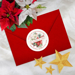 Sticker Rond Christmas Poinsettia Floral Bouquet Adresse de ret