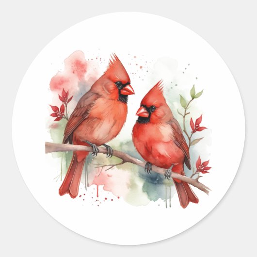 Sticker Rond Christmas Red Cardinal Birds Holiday Art (Devant)