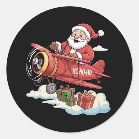 Sticker Rond Christmas Santa Claus Pilot Flying Airplane Gift (Devant)