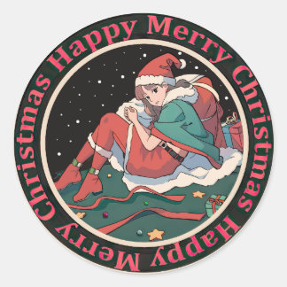 Sticker Rond Christmas Santa Girl