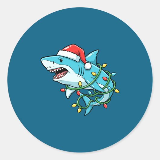 Sticker Rond Christmas Shark Santa Hat Wrapped In Lights Funny  (Devant)