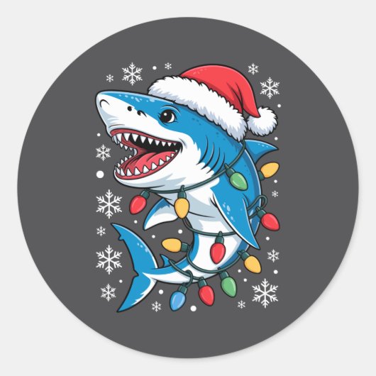 Sticker Rond Christmas Shark Santa Hat Wrapped Lights Holiday S (Devant)