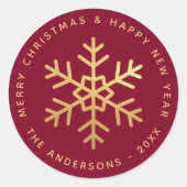 Sticker Rond Christmas Snowflake Burgundy Faux Gold Elegant  (Devant)