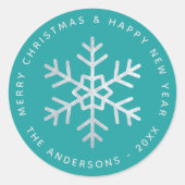 Sticker Rond Christmas Snowflake Teal Elegant Faux Silver Foil (Devant)