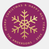 Sticker Rond Christmas Snowflake Wine Color Elegant Faux Gold (Devant)
