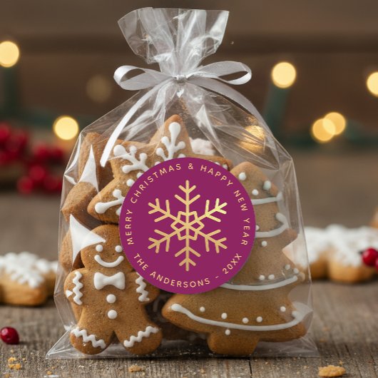 Sticker Rond Christmas Snowflake Wine Color Elegant Faux Gold