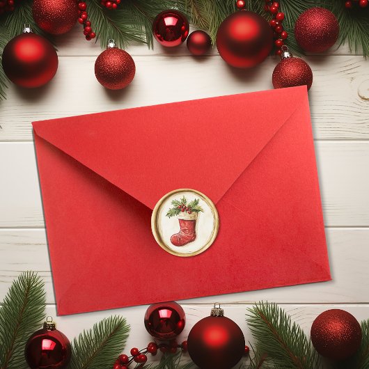 Sticker Rond Christmas Stocking Holly Faux Wax