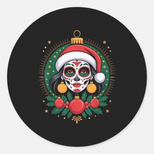 Sticker Rond Christmas Sugar Skull Art Woman Santa Hat Festive (Devant)