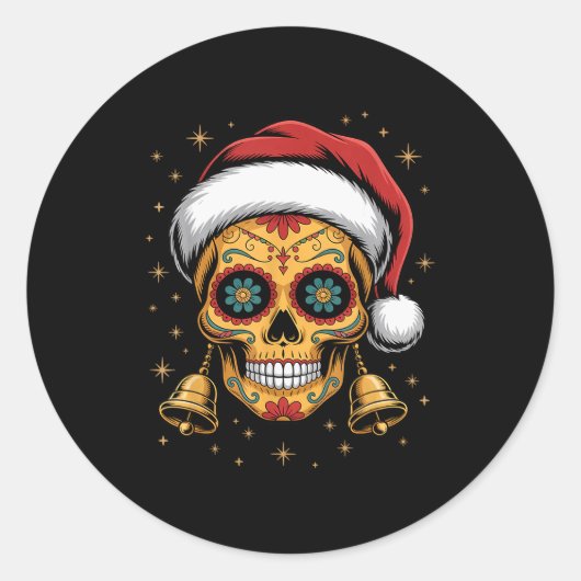 Sticker Rond Christmas Sugar Skull Art Woman Santa Hat Festive (Devant)