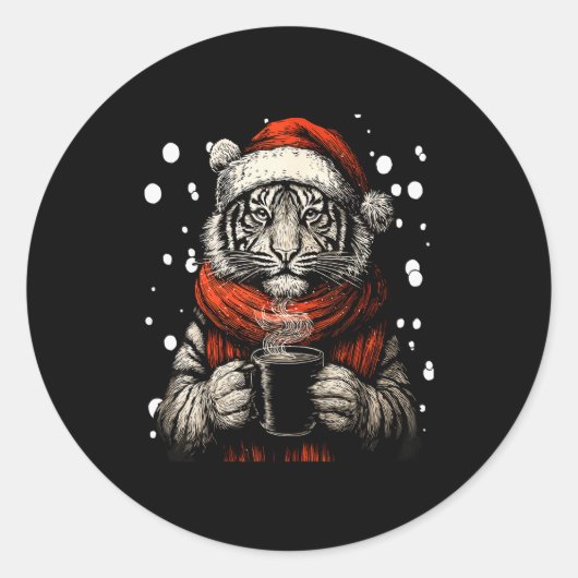 Sticker Rond Christmas Tiger With Santa Hat Coffee Lover Funny  (Devant)