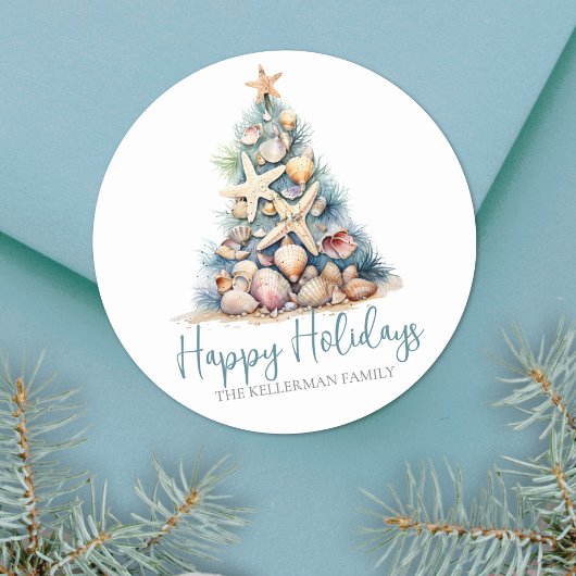 Sticker Rond Christmas Tree Beach Joyeuses vacances