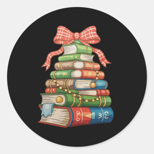 Sticker Rond Christmas Tree Books Bow Reading Librarian Teacher (Devant)